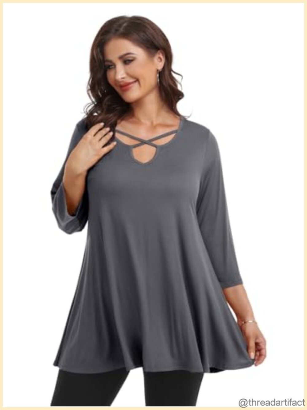 Plus Size Tunic Top 3/4 Sleeve Criss Cross V Neck Loose Fit Blouse
